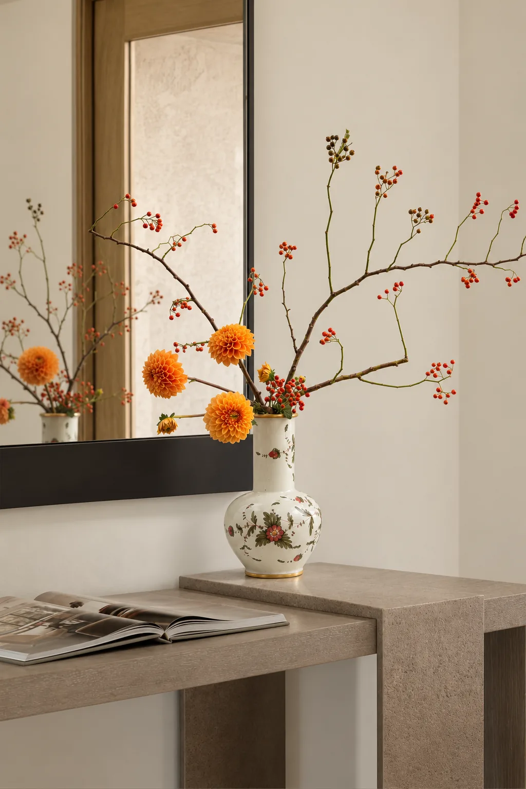 Composition with orange dahlias and rosehip branches in a decorated vase on a console table in an interior with a mirror
